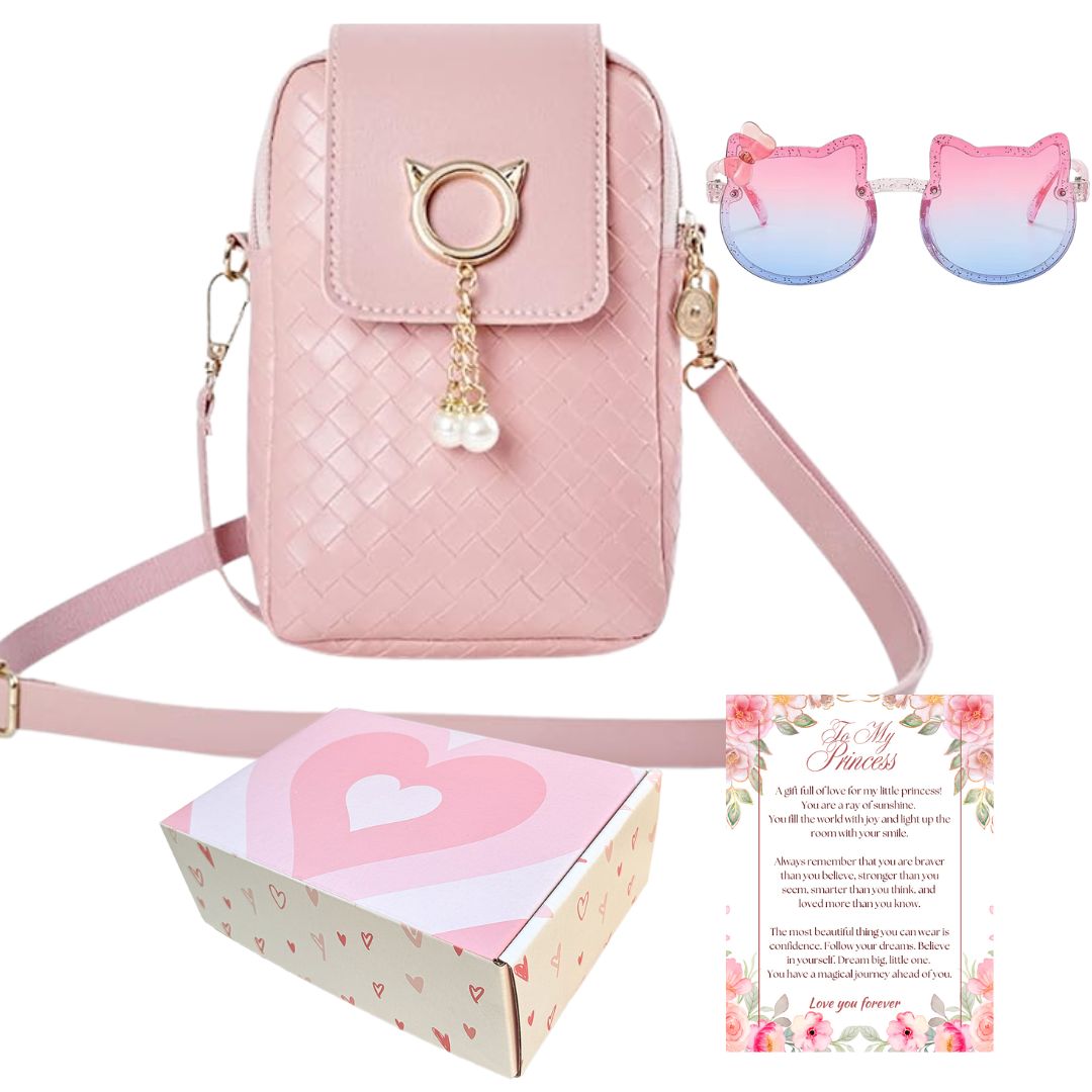 Cat Purse For Girls 4-6 with Cat Shaped Sunglasses & Gift Box | Little Girl Purse | Girls Crossbody Bag | Kids Purse For 3 4 5 6 7 8 Year Old