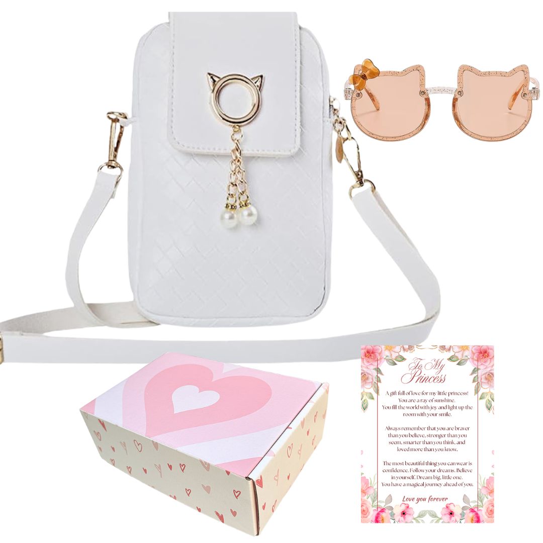Cat Purse For Girls 4-6 with Cat Shaped Sunglasses & Gift Box | Little Girl Purse | Girls Crossbody Bag | Kids Purse For 3 4 5 6 7 8 Year Old