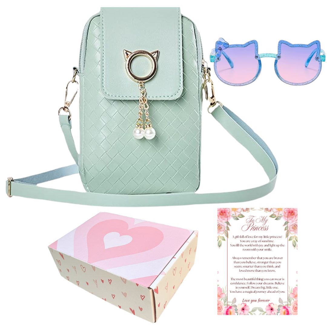 Cat Purse For Girls 4-6 with Cat Shaped Sunglasses & Gift Box | Little Girl Purse | Girls Crossbody Bag | Kids Purse For 3 4 5 6 7 8 Year Old